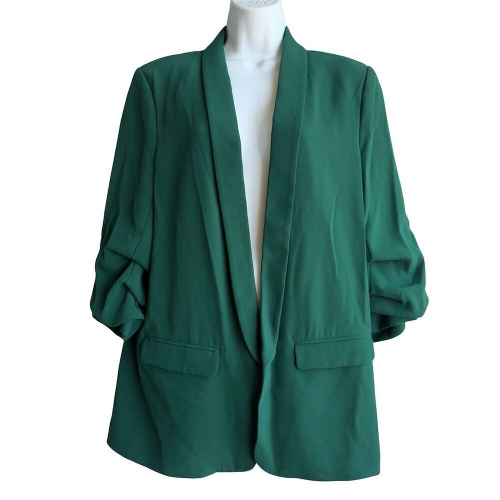 Zara Shawl Collar Blazer Woman XL Deep Green Ruched Sleeves Career Office Preppy